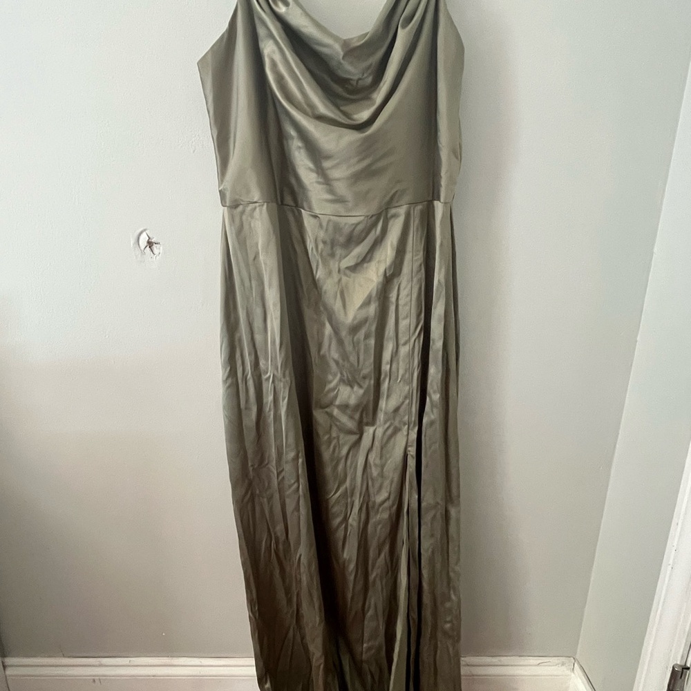 Elegant Olive Green evening gown (David’s bridal eucalyptus)